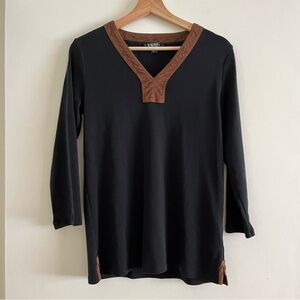 Lauren Ralph Lauren Black Brown 3/4 Sleeve Suede V-Neck Blouse 100% Cotton M